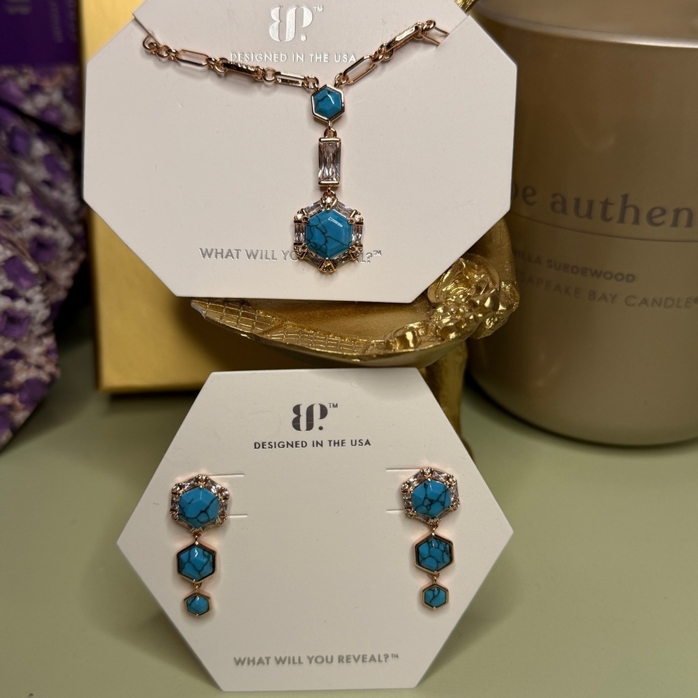 Bomb Party December 25 Chic Turquoise Necklace and Earring Set on Rose Gold.